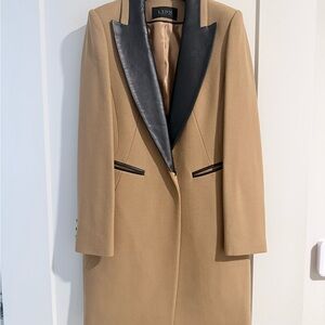 Lynn Kenneth Lynn camel wool coat with black leather lapel -size 2 NWOT